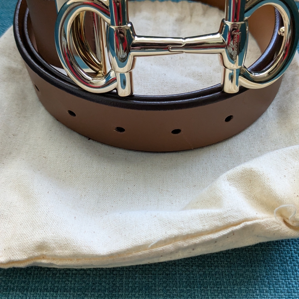 NEW Salvatore Ferragamo Brown Leather Belt with Gold Buckle